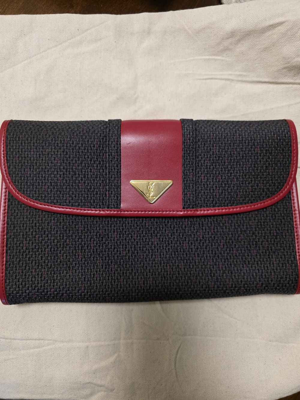 Yves Saint Laurent Black Textured Clutch with Red Trim